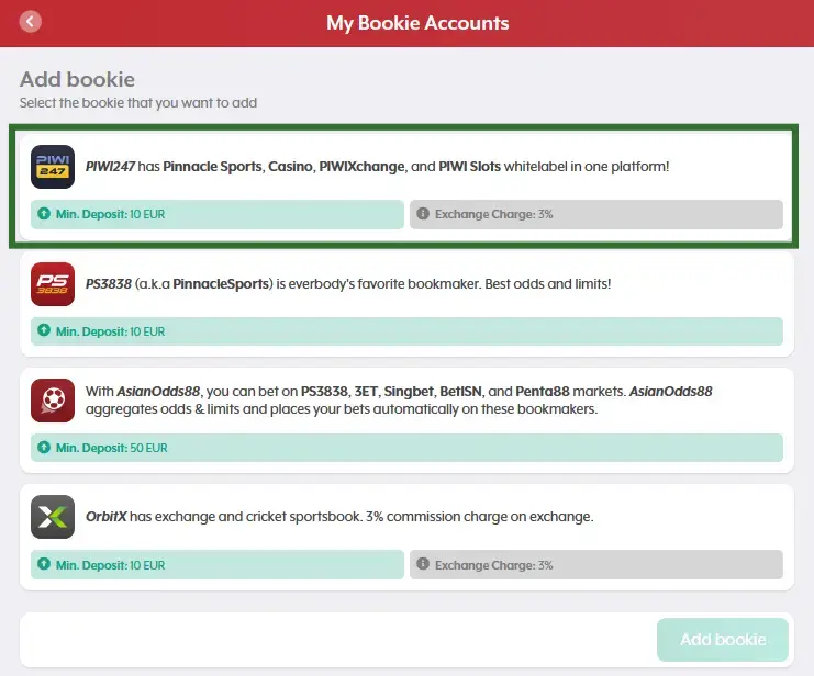 List of bookmakers available on AsianConnect